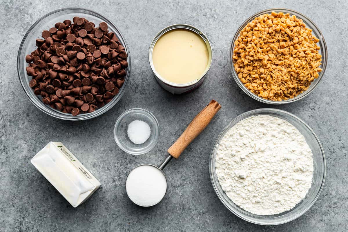 raw ingredients needed to make toffee dessert bars on table