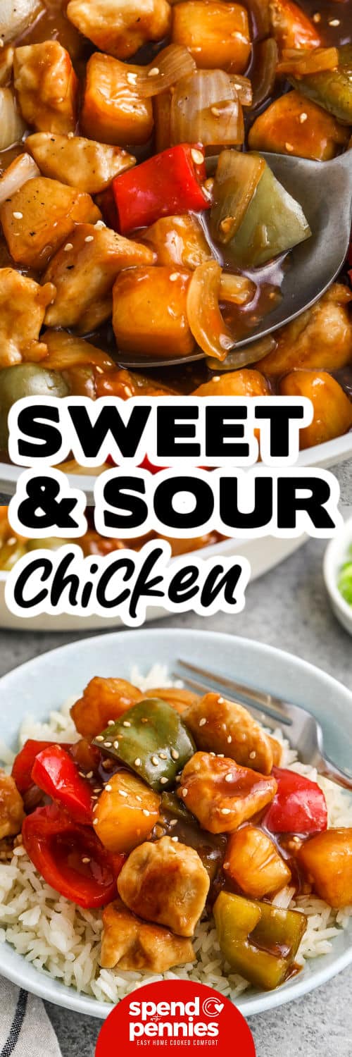 Sweet and Sour Chicken in the pan and plated with rice with a title