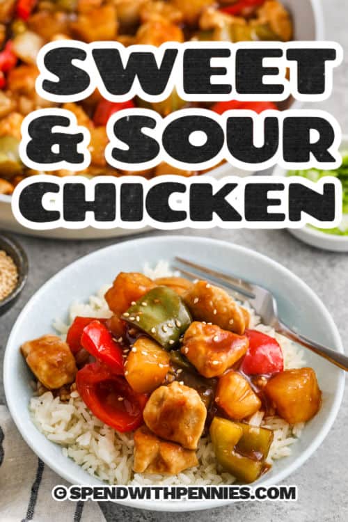 Sweet and Sour Chicken in the pan and plated with rice and a title