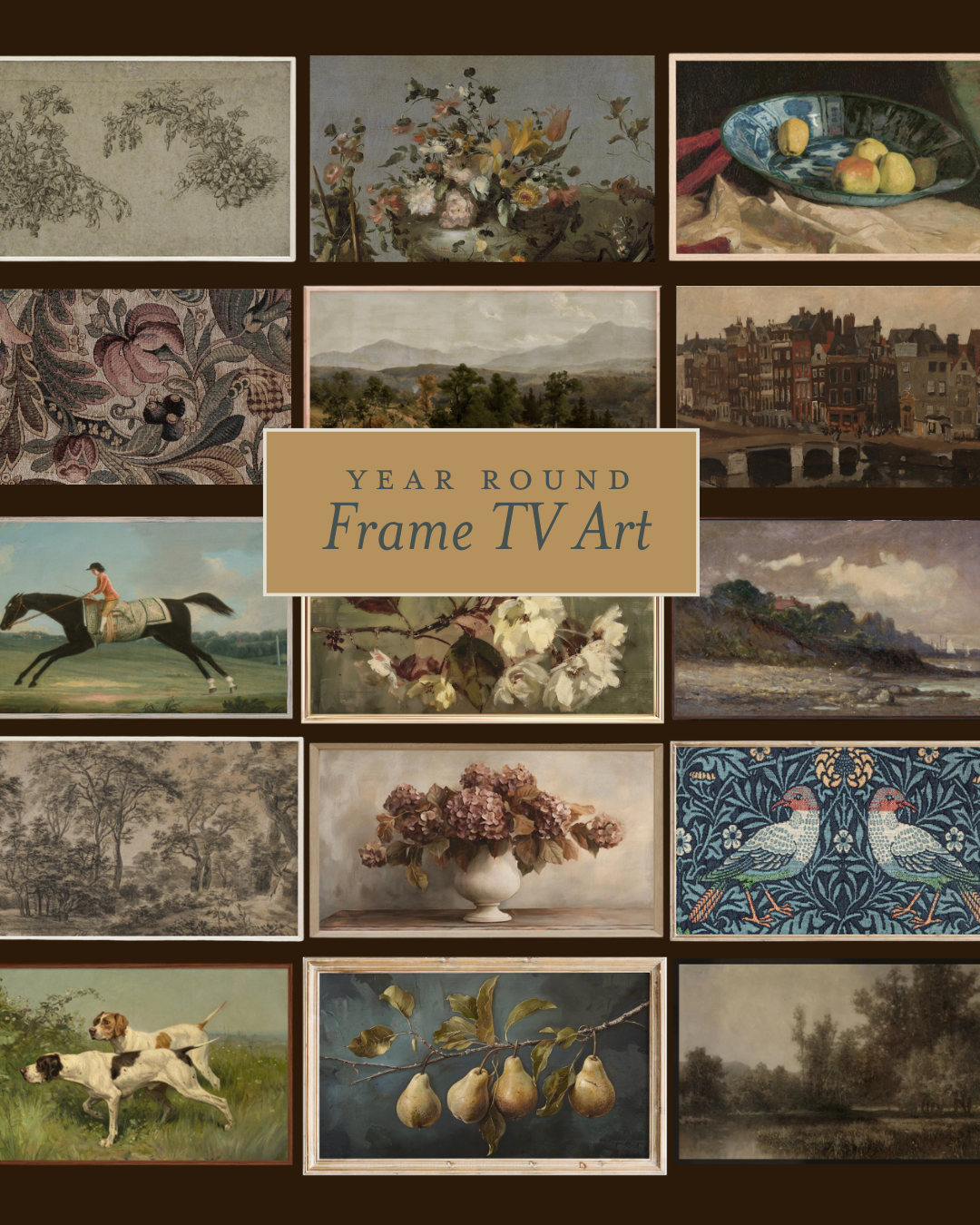 A collage of moody, traditional art prints for the Frame TV
