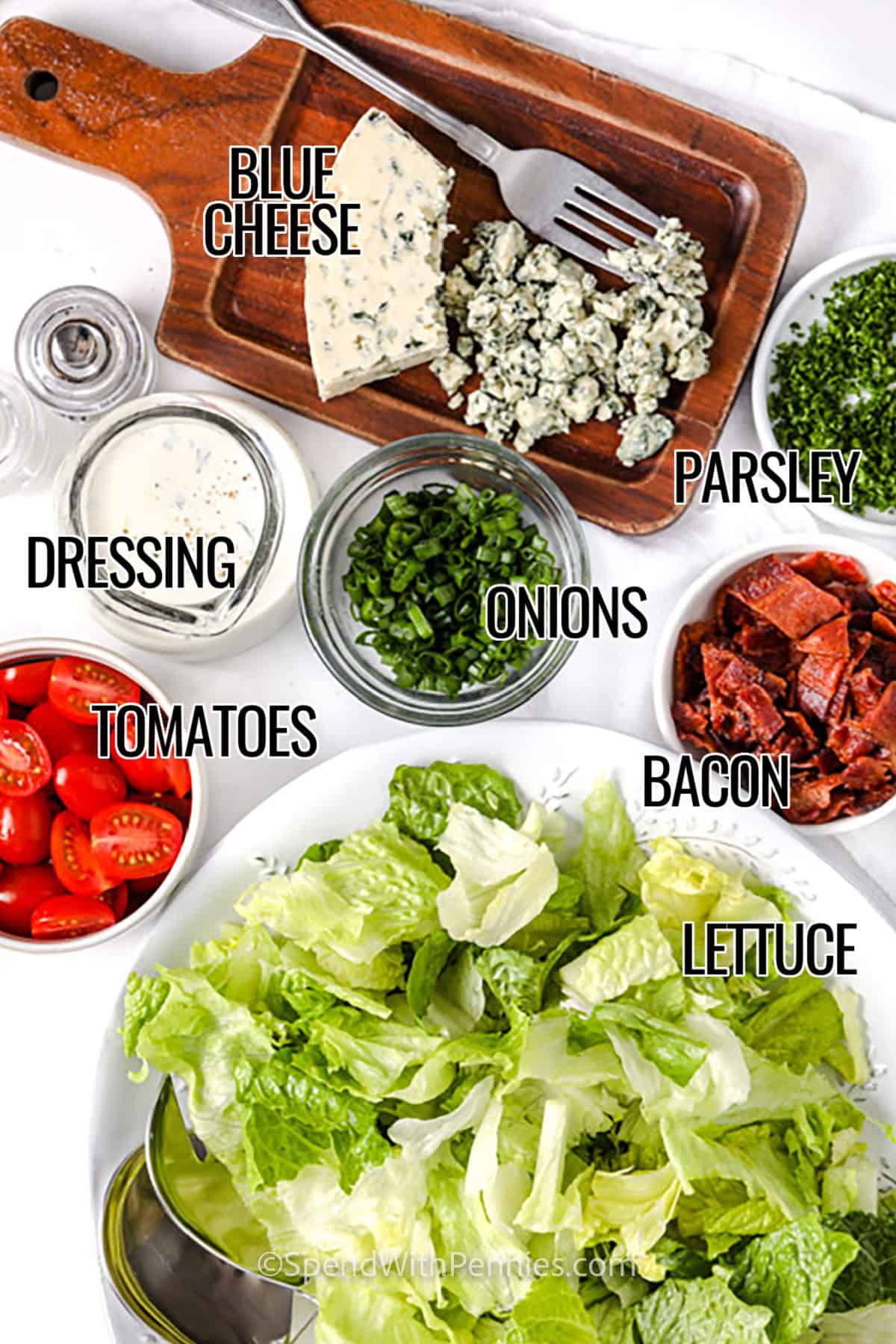 BLT salad is bursting with bold flavors and fresh textures in every bite, from cool lettuce and sweet tomatoes to savory crumbled bacon. It’s finished with a rich, tangy dressing made from sour cream, mayo, and lemon juice for a smooth, creamy finish. Add green onions and a sprinkle of cheese for extra depth. Quick to toss together and perfect for busy weeknights or easy entertaining. #spendwithpennies tomatoes , onions , bacon , lettuce , parsley , blue cheese and dressing to make BLT Salad with labels