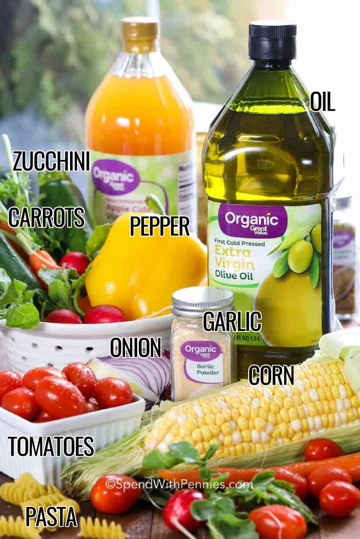 labelled ingredients for summer pasta salad