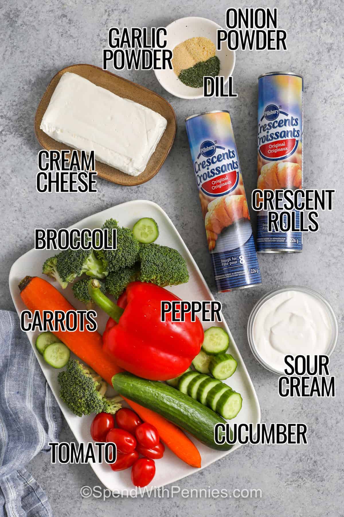 cream cheese , garlic powder , onion powder , dill , crescent rolls , sour cream , cucumber , tomato , carrots , pepper , broccoli to make Veggie Pizza with labels