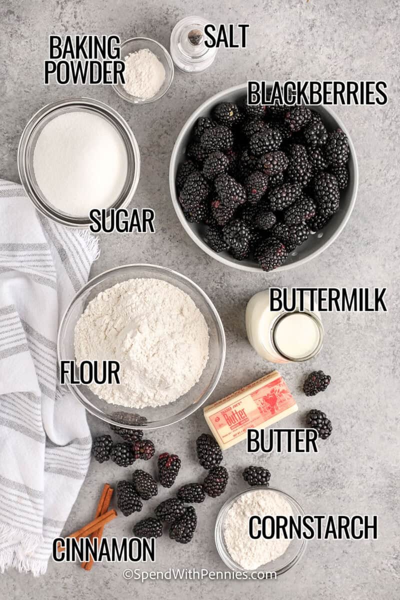 baking powder , salt , blackberries , sugar , buttermilk , flour , butter , cornstarch , cinnamon with labels to make Blackberry Cobbler Recipe