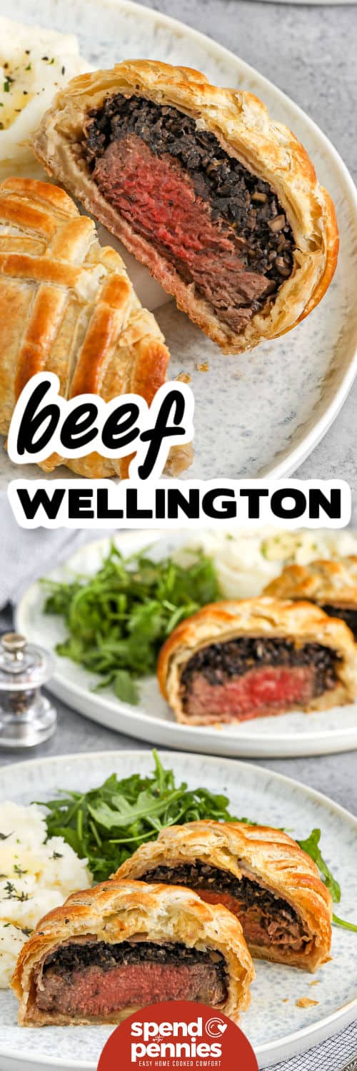 Looking for something a little extra special, this Beef Wellington recipe is just the thing. A buttery puff pastry shell, perfectly seared steak, and a savory mushroom filling make every bite melt-in-your-mouth delicious. It’s elegant enough to serve for a holiday or celebration but simple enough to enjoy any time. You’ll love how the flavors all come together in one beautiful little package! #spendwithpennies plated Beef Wellington with mashed potatoes and greens and close up photo with a title