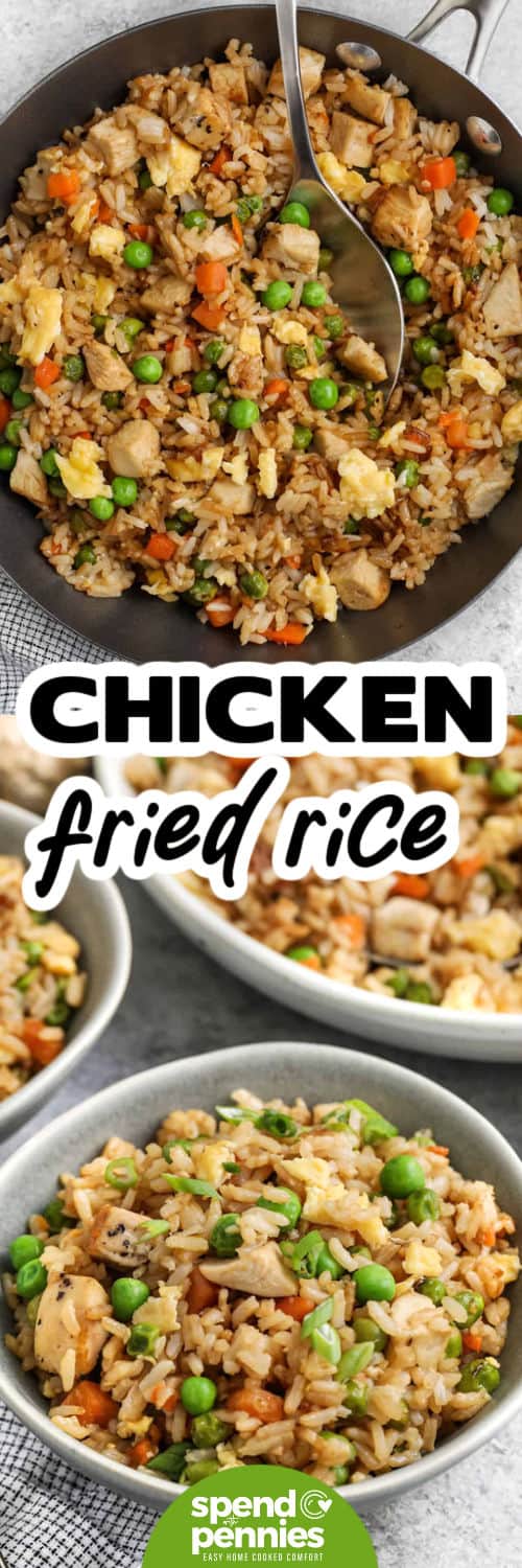 Chicken fried rice is loaded with all the good stuff—rice, veggies, egg, and tender chicken. The flavors of soy sauce, garlic, and a touch of sesame oil make it totally irresistible. It’s the best way to stretch a little bit of leftovers into something amazing. Everyone at the table will want seconds! #spendwithpennies top image: cooked chicken fried rice in a pan with a serving spoon and writing bottom image: chicken fried rice in a bowl with writing