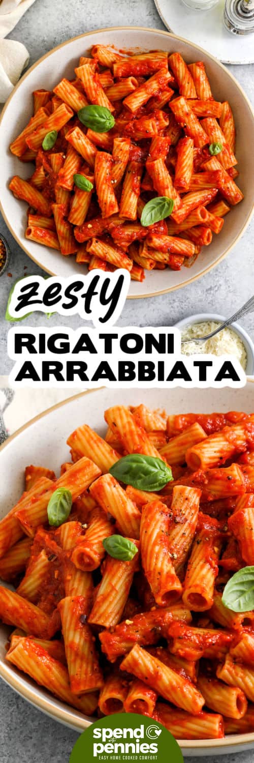 Rigatoni Arrabbiata is bold, spicy, and totally satisfying with every forkful. The sauce comes together with crushed tomatoes, chili flakes, and garlic, simmered until rich and fragrant. Toss with pasta and a splash of pasta water for the perfect texture. Top with parmesan and fresh herbs to finish this cozy Italian favorite. #spendwithpennies zesty Rigatoni Arrabbiata in the bowl and close up photo with a title