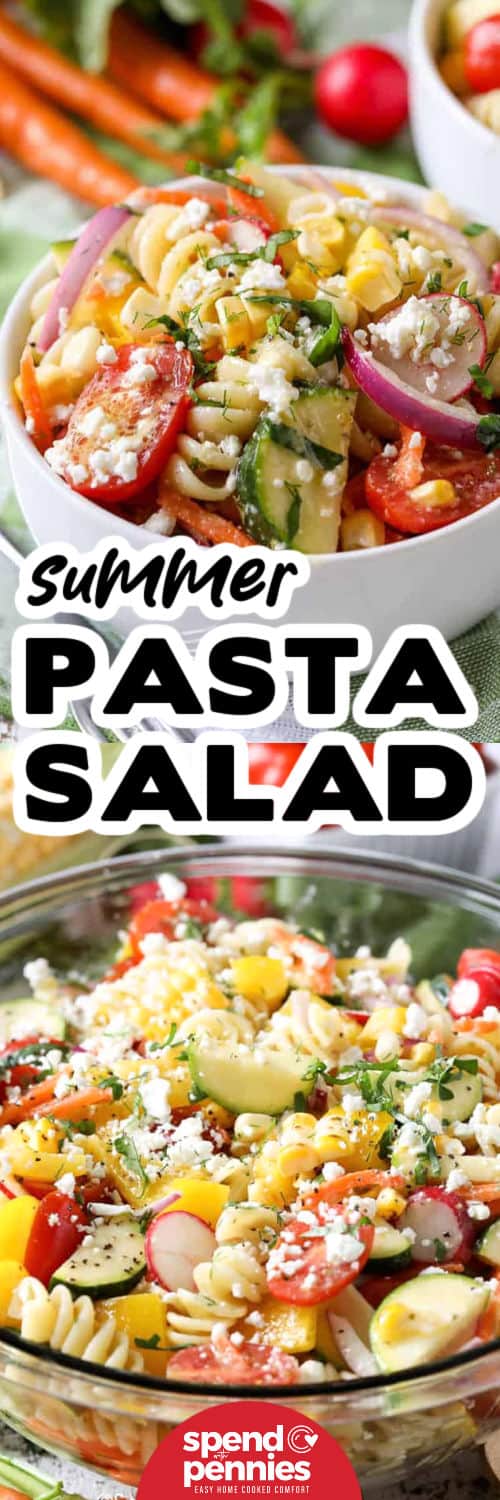 Summer Pasta Salad in a bowl and plated with a title