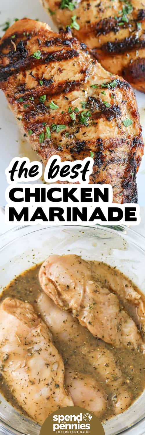 This chicken marinade is the key to juicy, flavorful grilled chicken breasts with a homemade touch. It’s quick, simple, and loaded with the best blend of Dijon, soy sauce, and herbs. Perfect for summer grilling or an easy dinner anytime, just marinate and cook for a tasty main dish that’s always a hit. Serve with rice or roasted veggies. #spendwithpennies chicken soaking in The Best Chicken Marinade and cooked piece on top photo with a title