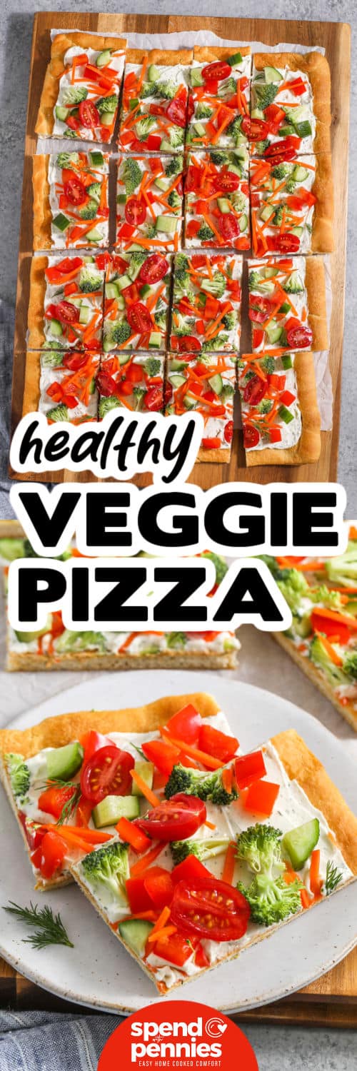 sliced Veggie Pizza on a cutting board and close up of plated slices with a title