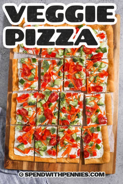sliced Veggie Pizza with a title