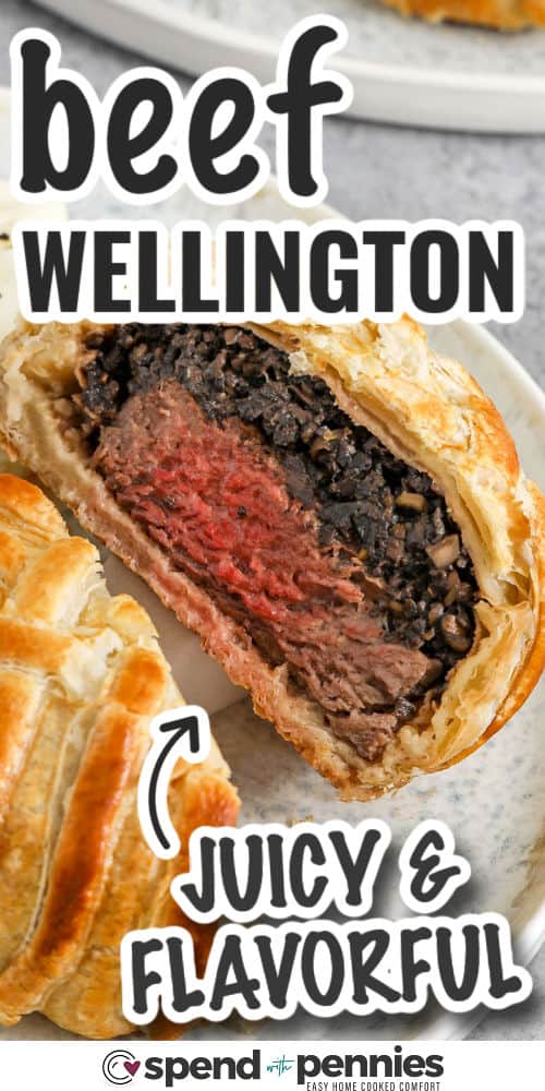 This Beef Wellington recipe is a cozy favorite at our house. The rich mushroom mixture adds so much flavor, and that flaky pastry bakes up beautifully golden and crisp. It’s fancy without being fussy and absolutely perfect for a special dinner. Pair it with some roasted veggies or a crisp salad and you’ve got a meal everyone will remember. Don’t skip the Dijon—it gives a little extra zing! #spendwithpennies juicy and flavorful Beef Wellington with writing