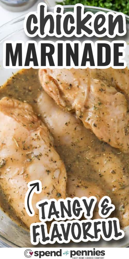 This quick and easy chicken marinade delivers the best flavor every time! It’s made with simple ingredients like soy sauce, Dijon mustard, and lemon juice to give grilled chicken breasts a juicy, savory kick. Great for a fast dinner or weekend BBQ, this recipe is a must-have for your mealtime rotation. Serve with fresh veggies or over a salad. #spendwithpennies chicken marinading in a bowl with The Best Chicken Marinade and writing