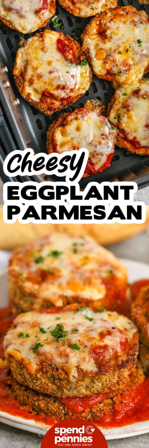 If you're looking for the best way to cook eggplant, this air fryer eggplant parmesan recipe is a must-try! Crispy breaded slices cook up perfectly in the air fryer, then get topped with sauce and melty cheese. It’s cozy, easy, and full of flavor. Swap eggplant for chicken for protein or skip the breadcrumbs to keep it keto-friendly. Either way, it’s a winner for busy weeknights. #spendwithpennies Air Fryer Eggplant Parmesan in the fryer and plated with a title