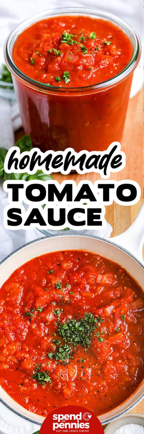 Tomato sauce is easy to make and packed with rich, natural flavor from whole tomatoes and aromatic herbs. A quick simmer brings the sauce together, and blending is optional depending on your desired texture. Use this sauce on pasta, pizza, or even with creamy chicken dishes. It’s fresh, fast, and far better than store-bought! #spendwithpennies homemade Tomato Sauce in the pot and in a jar with a title