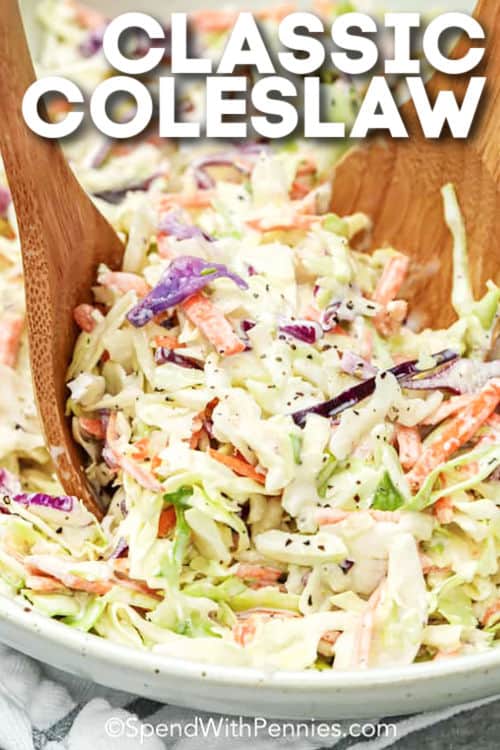 coleslaw in a bowl with spoons and text