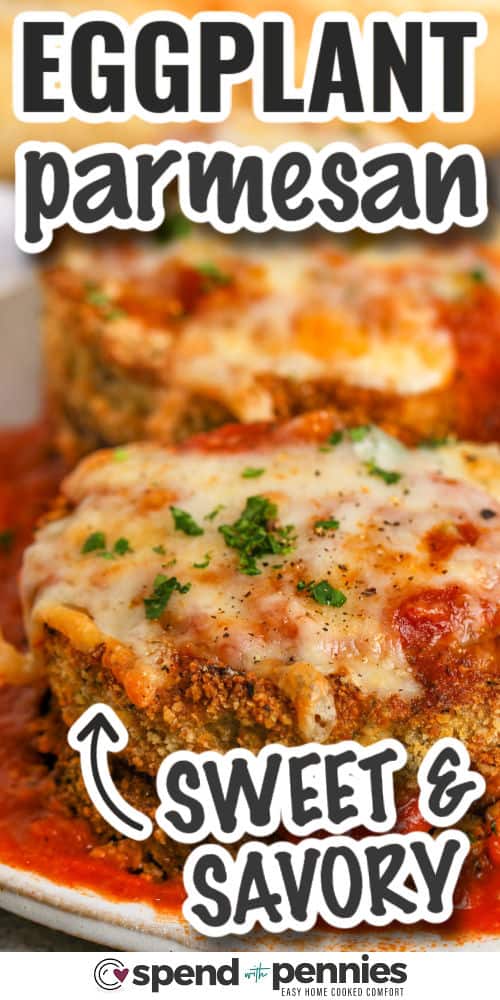 This air fryer eggplant parmesan recipe is an easy way to enjoy a fried favorite without the extra oil. The eggplant gets breaded, crisped up in the air fryer, and finished with marinara and melty mozzarella. It’s a great dish to cook when you want something cozy but lighter. Want a keto version? Just leave out the breadcrumbs. You can even swap in chicken for a protein-packed twist. #spendwithpennies sweet and savory Air Fryer Eggplant Parmesan with writing