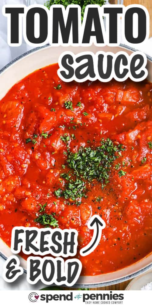 This homemade tomato sauce is made with pantry staples and delivers big flavor with minimal effort. Onions and garlic sautéed in olive oil form the base, while canned tomatoes, basil, and parsley add depth and freshness. It’s perfect for a quick weeknight dinner or to batch-cook and freeze. Blend it smooth or keep it chunky—it’s up to you! #spendwithpennies fresh and bold Tomato Sauce in the pot with writing